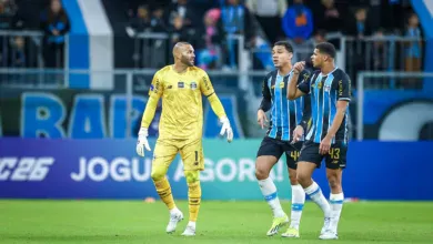 RS - FUTEBOL/CONMEBOL SULAMERICANA 2026 /GREMIO X PALESTINO - ESPORTES - Lance da partida entre Grêmio e Palestino, disputada na noite desta quarta-feira, na Arena do Grêmio, valida pela Copa Sul-americana 2026. FOTO: LUCAS UEBEL/GREMIO FBPA