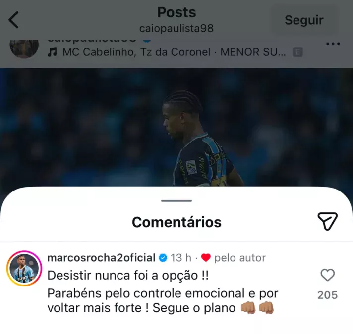 O comentário de Marcos Rocha para Caio Paulista depois da vitória do Grêmio
