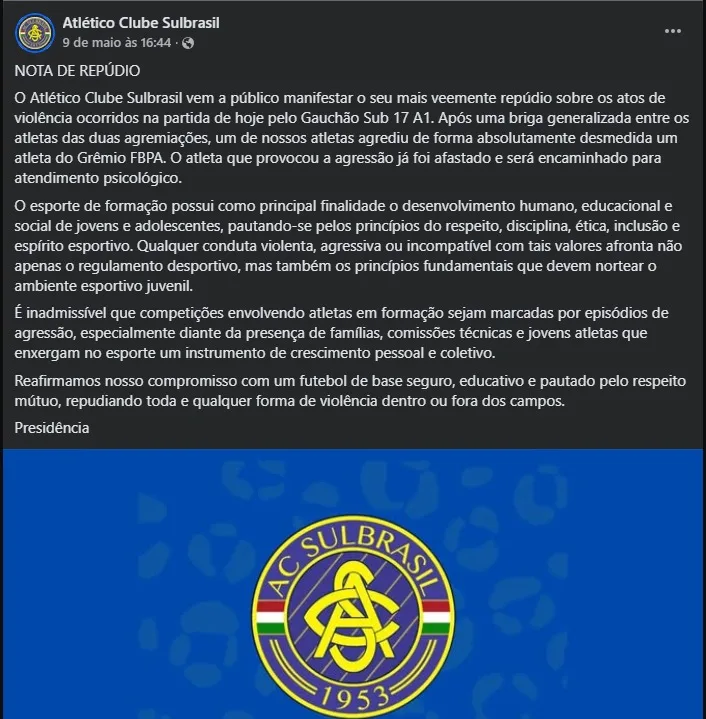 Publicação de repúdio contra agressão em jogador do Grêmio
