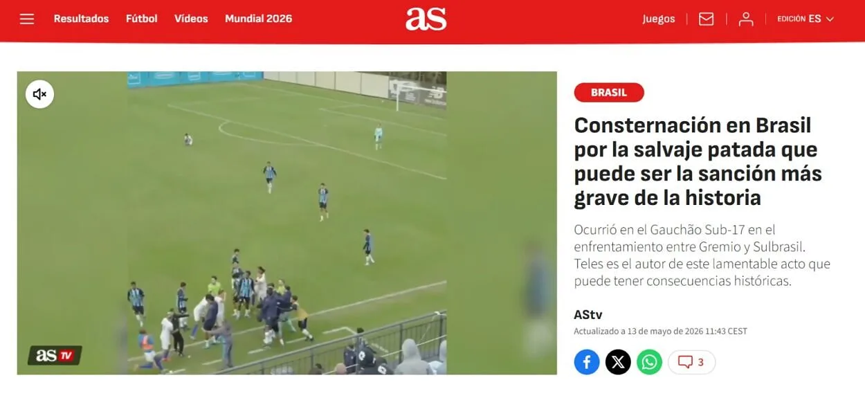 Diário AS, vincula manchete sobre agressão em jogo do Grêmio sub-17, no gauchão