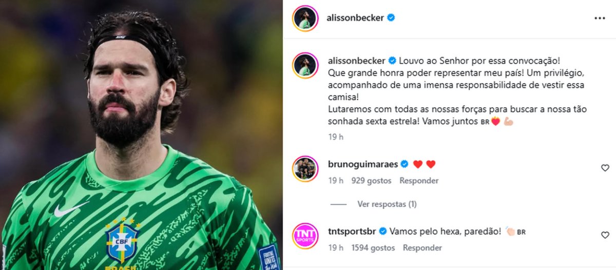 Ex-Inter, Alisson se manifesta nas redes após convocação: "Uma grande honra"