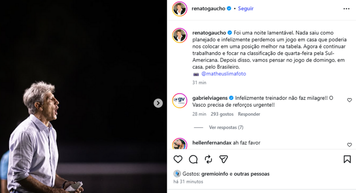 Renato se manifesta após arremesso de copos e derrota do Vasco: "Lamentável"