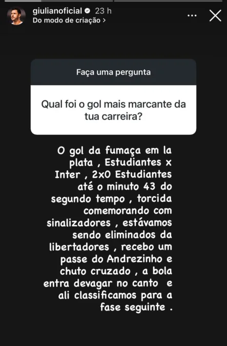 Giuliano cita "gol da fumaça" pelo Inter em resposta a seguidor nas redes sociais