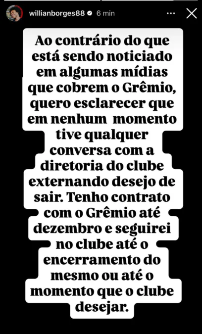 Quer sair do Grêmio? Willian se manifesta em nota e esclarece alguns rumores