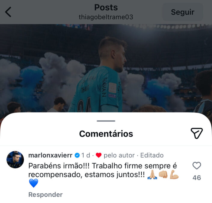 O comentário de Marlon para o jovem goleiro do Grêmio que fez a estreia no último jogo