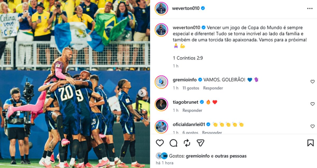 Goleiro do Grêmio se manifesta após vitória do Brasil na Copa: "Especial e diferente"