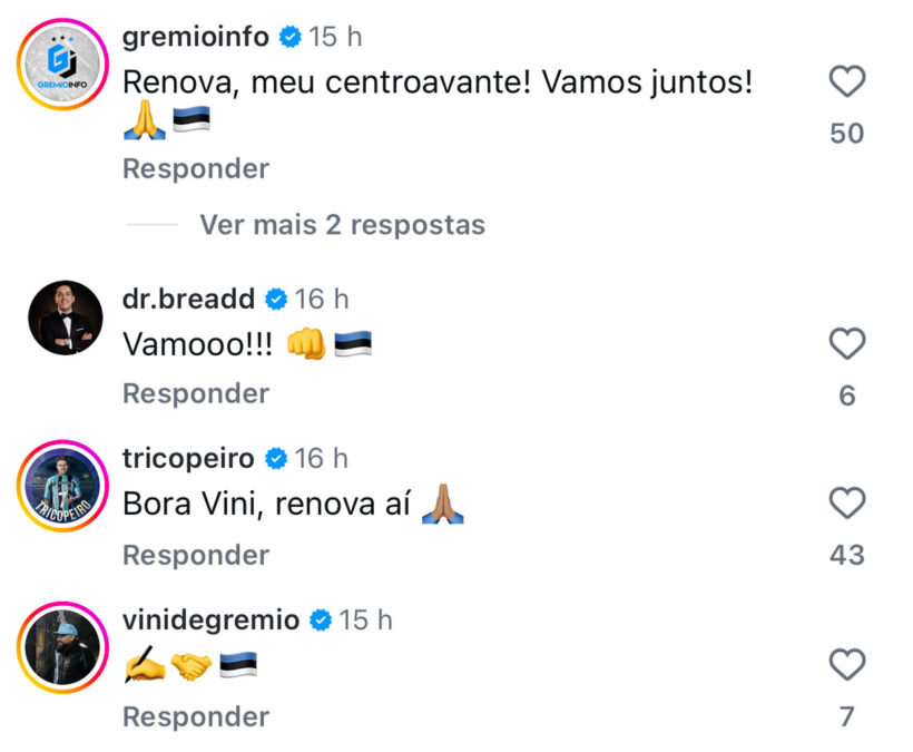Carlos Vinícius faz publicação sobre o jogo e recebe pedidos da torcida do Grêmio