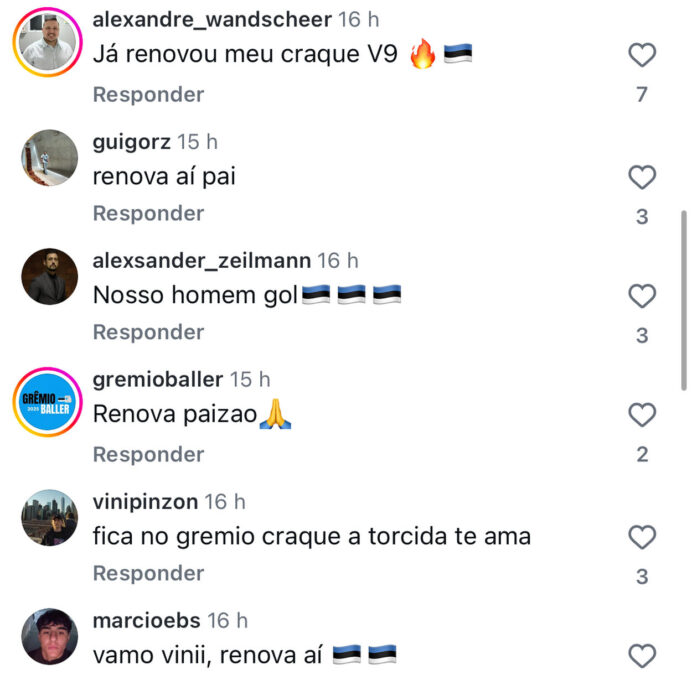 Carlos Vinícius faz publicação sobre o jogo e recebe pedidos da torcida do Grêmio