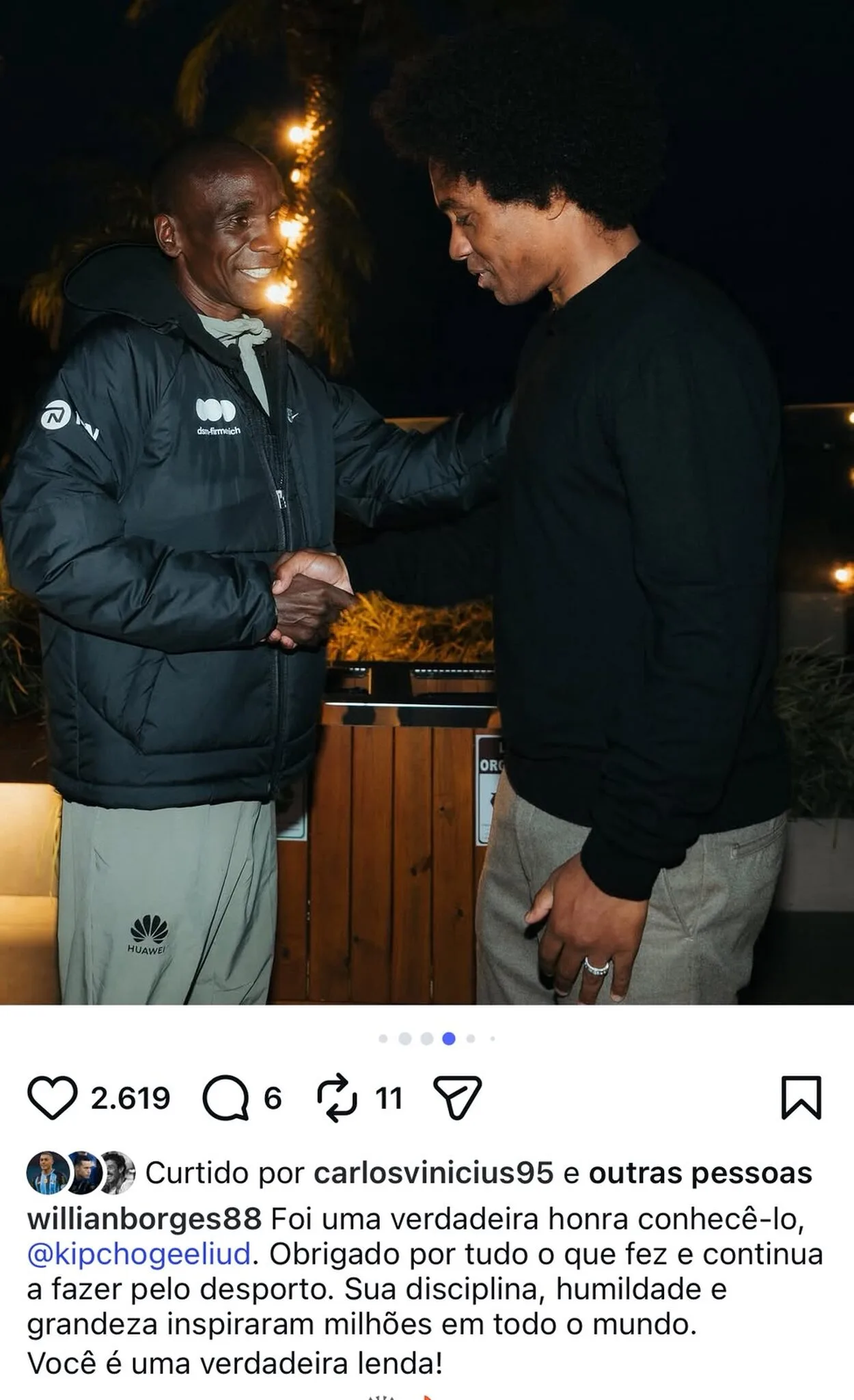 Willian encontra Kipchoge e valoriza lenda do atletismo mundial