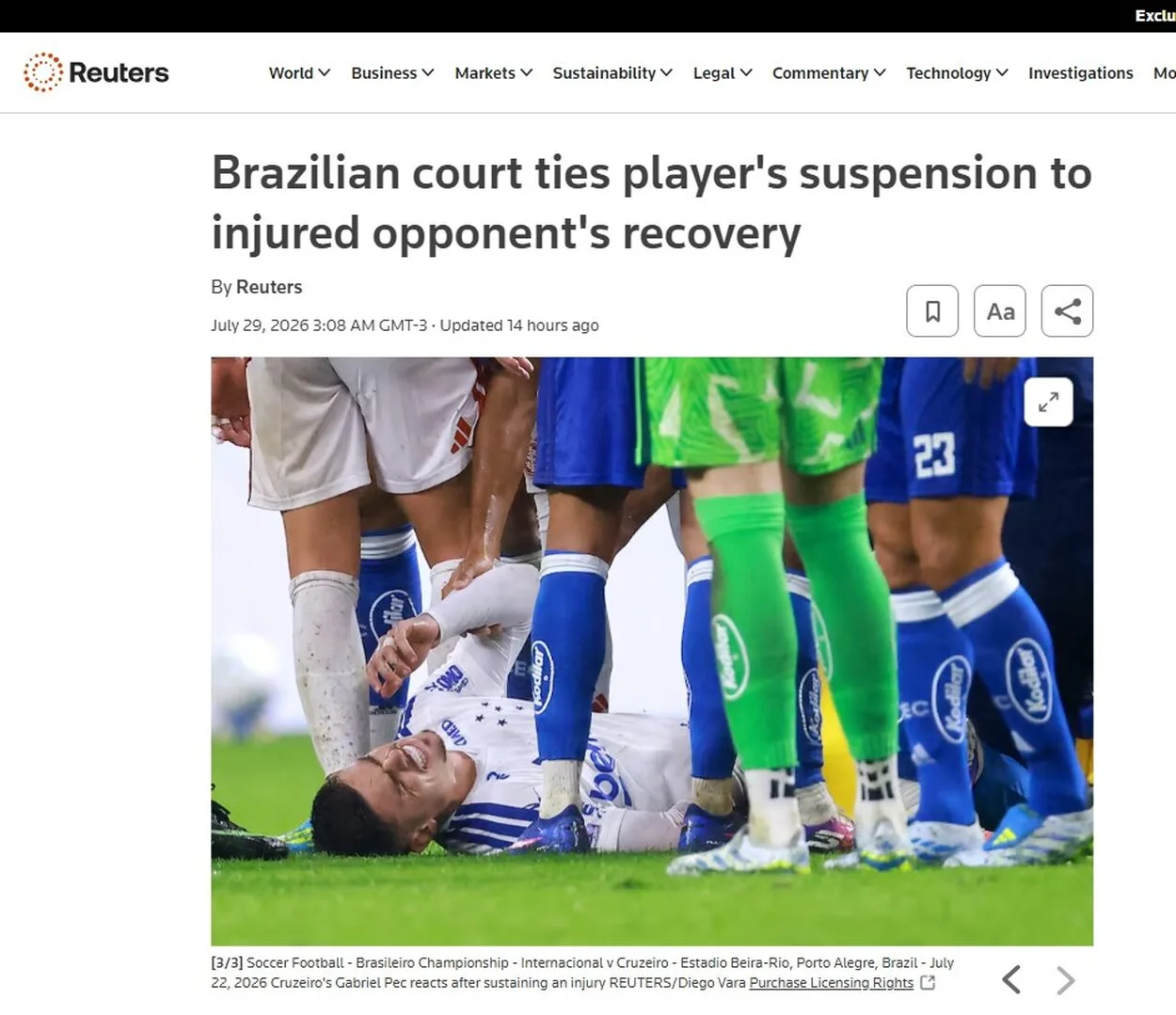 Punição de zagueiro do Inter repercute no exterior e vira notícia na Reuters https://www.reuters.com/sports/soccer/brazilian-court-ties-players-suspension-injured-opponents-recovery-2026-07-29/
