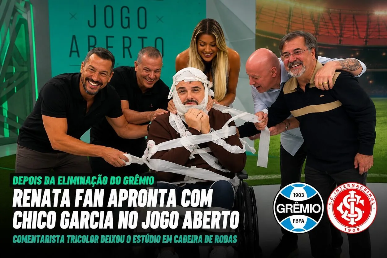 Renata Fan “cumpre a lei” do Jogo Aberto e apronta com Chico Garcia após queda do Grêmio Chico Garcia sai de estúdio de cadeira de rodas