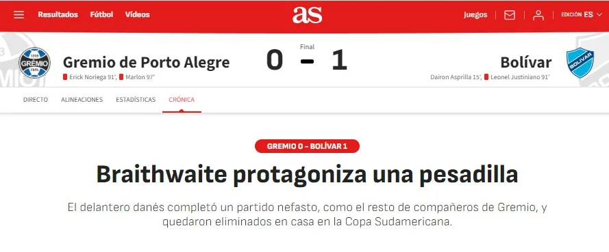 Jornal espanhol vê “pesadelo” de Braithwaite em eliminação do Grêmio AS