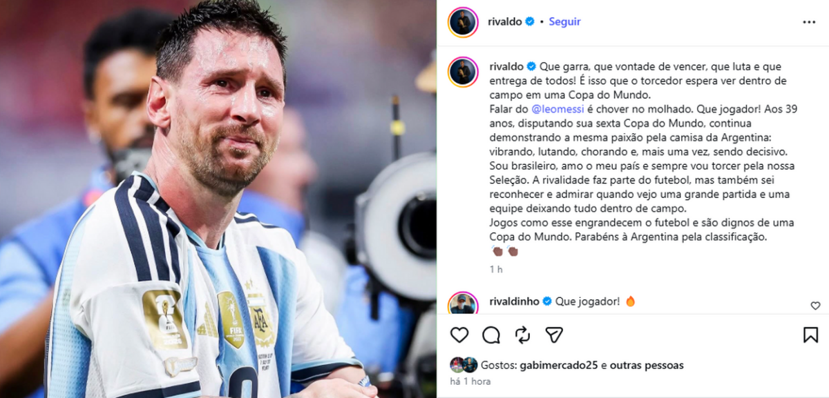 Exemplo ao Brasil? Rivaldo publica texto admirando Messi após vitória da Argentina