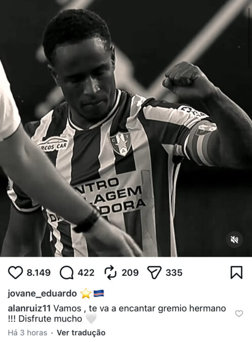 Jovane Cabral faz post nas redes sociais e Alan Ruiz comenta sobre o Grêmio