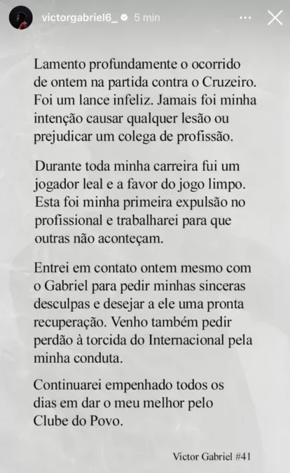 Victor Gabriel publica comunicado, pede desculpas e diz ser a favor do "jogo limpo"