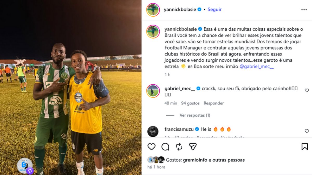 Bolasie tira foto ao lado de jogador do Grêmio após amistoso: "Vai se tornar estrela"