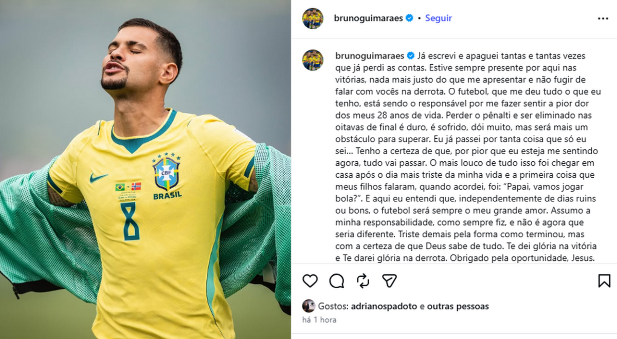 Bruno Guimarães fala em "pior dor" da vida e se manifesta após queda do Brasil