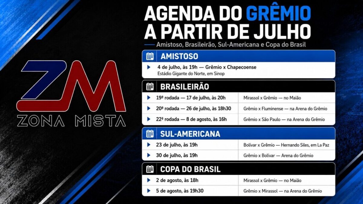 Grêmio divulga agenda do mês de julho com um amistoso e quatro jogos oficiais