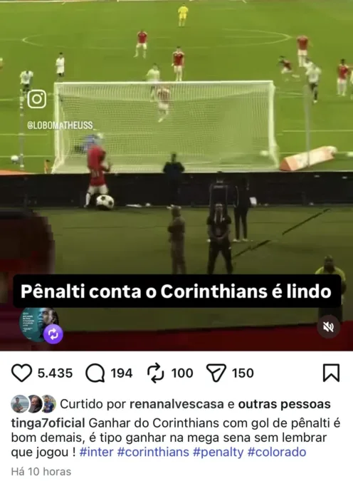 A provocação de Tinga ao Corinthians após a vitória do Inter no primeiro jogo