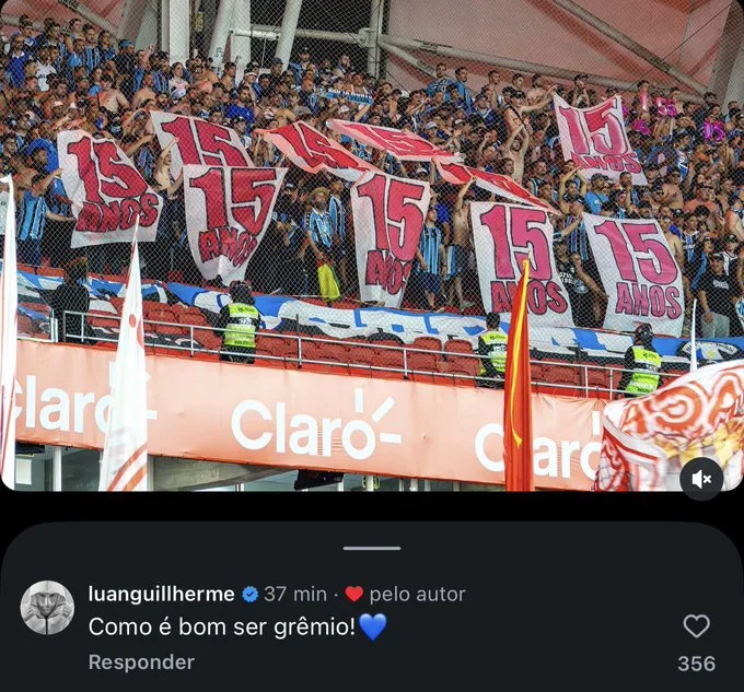 Luan reaparece e comenta em publicação da torcida do Grêmio: "Como é bom..."