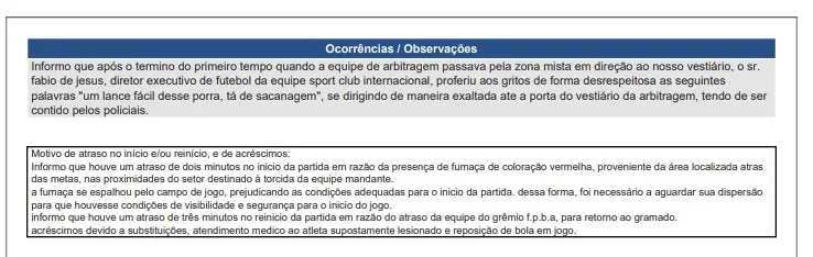 Súmula do Gre-Nal relata que polícia conteve Fabinho Soldado, do Inter; saiba o motivo Parte da súmula de Inter 0x0 Grêmio