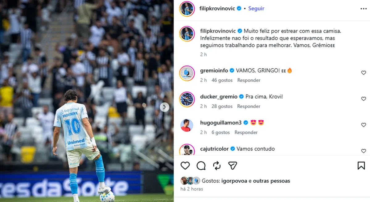 A mensagem de Krovinović nas redes sociais após a estreia com a camisa do Grêmio Meia croata fez a estreia pelo Grêmio