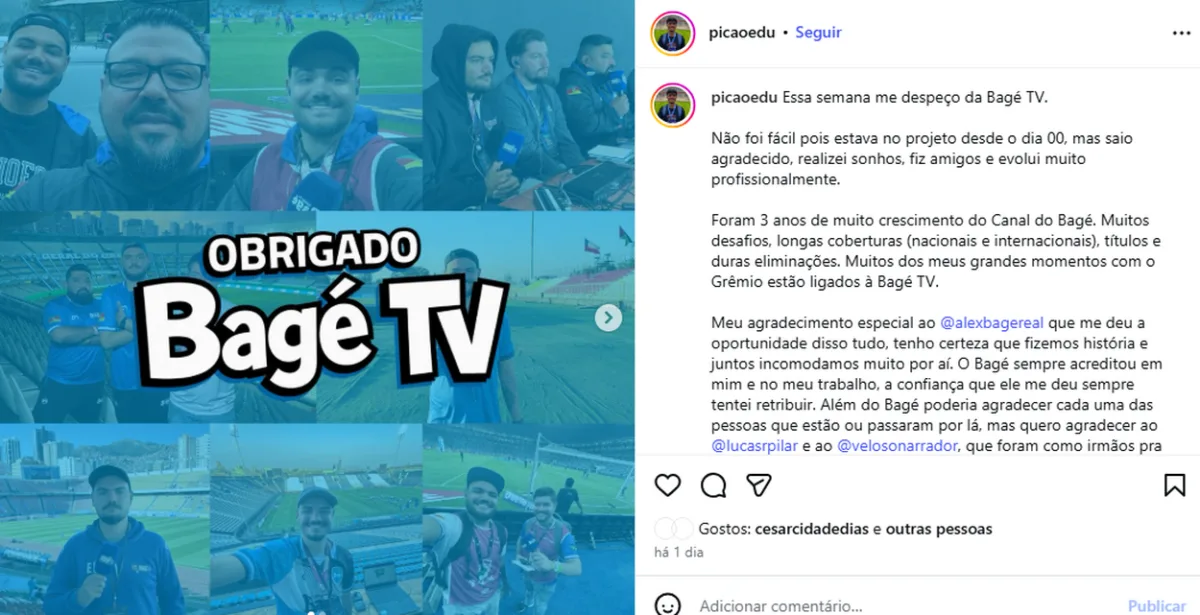 Identificada com o Grêmio, Bagé TV tem despedida de integrante: "Realizei sonhos"