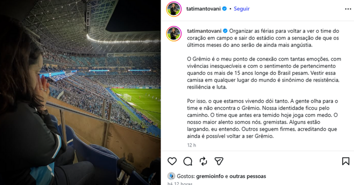Tati Mantovani vai à Arena e se decepciona com o Grêmio: "Time joga com medo"