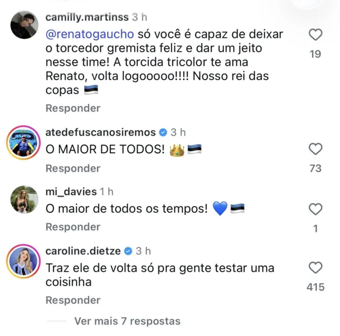 Grêmio parabeniza Renato Portaluppi e torcedores reagem nos comentários
