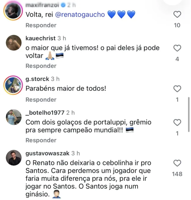 Grêmio parabeniza Renato Portaluppi e torcedores reagem nos comentários