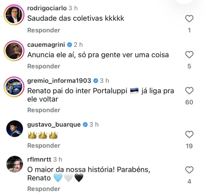 Grêmio parabeniza Renato Portaluppi e torcedores reagem nos comentários