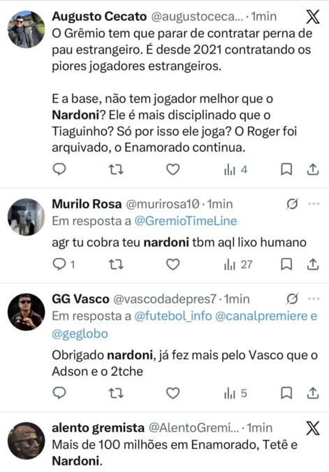 Torcida do Grêmio perde a paciência com Nardoni por erro em gol do Vasco