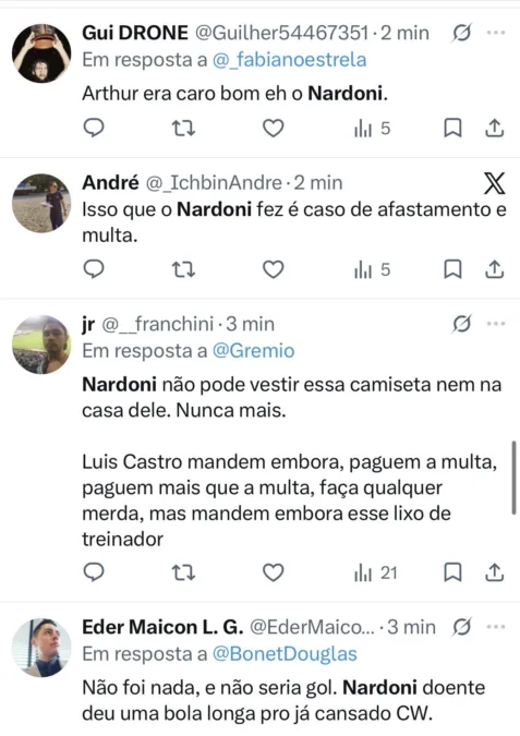Torcida do Grêmio perde a paciência com Nardoni por erro em gol do Vasco