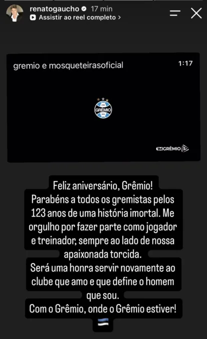 Renato parabeniza o Grêmio e se manifesta sobre o retorno: "Clube que eu amo"