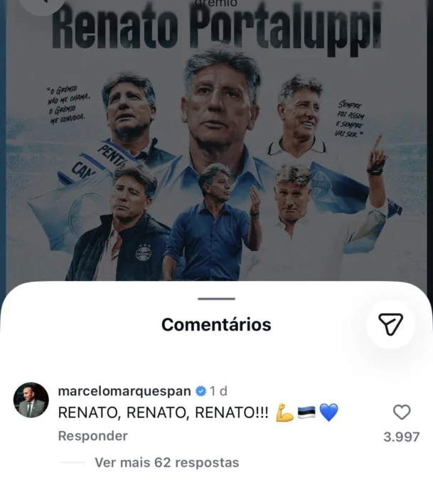 A reação de Marcelo Marques após o Grêmio confirmar Renato no lugar de Luís Castro