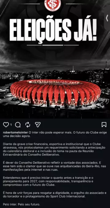 Roberto Melo protocola pedido de eleições antecipadas no Inter: "Pelo seu futuro"