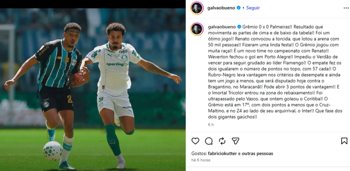 Galvão Bueno se encanta com torcida do Grêmio e elogia Renato: "Já é um novo time"