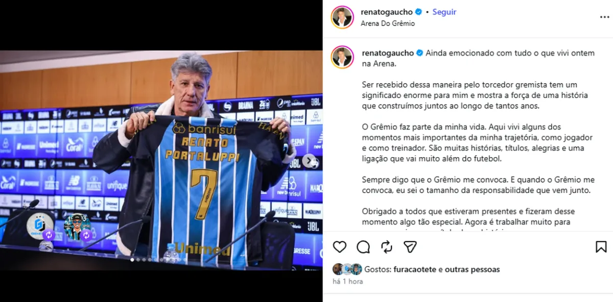 "Ainda emocionado com tudo": Renato se manifesta na web após retorno ao Grêmio Renato Portaluppi