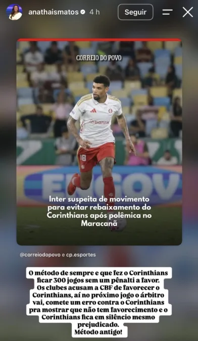 Ana Thaís Matos defende o Corinthians e critica Inter por sugerir favorecimento Juninho, zagueiro do Inter