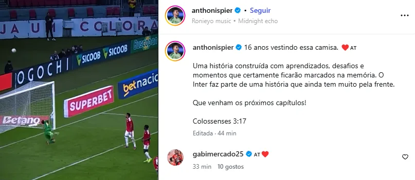 Anthoni mira titularidade do Inter e publica texto após completar marca pelo clube