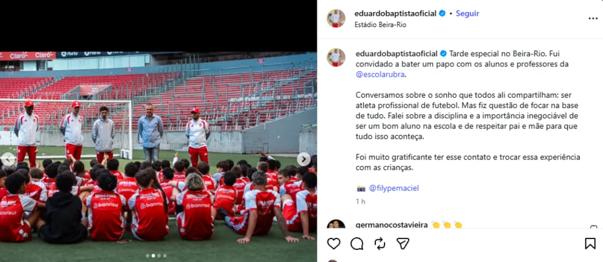 Eduardo Baptista vive tarde diferente e conversa com crianças da escola do Inter